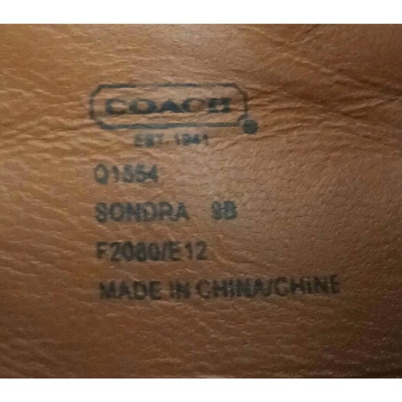Coach Sondra Choc Brown Leather Heeled Bootie Gold Logo Buckle Strap Side Zip 9M - Picture 9 of 12